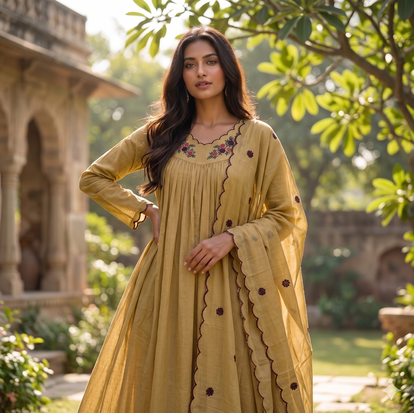 Premium Mul Cotton Beige Anarkali Suit Set With Full Lining