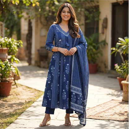Beautiful Indigo Block Printed Cotton Anarkali Suit