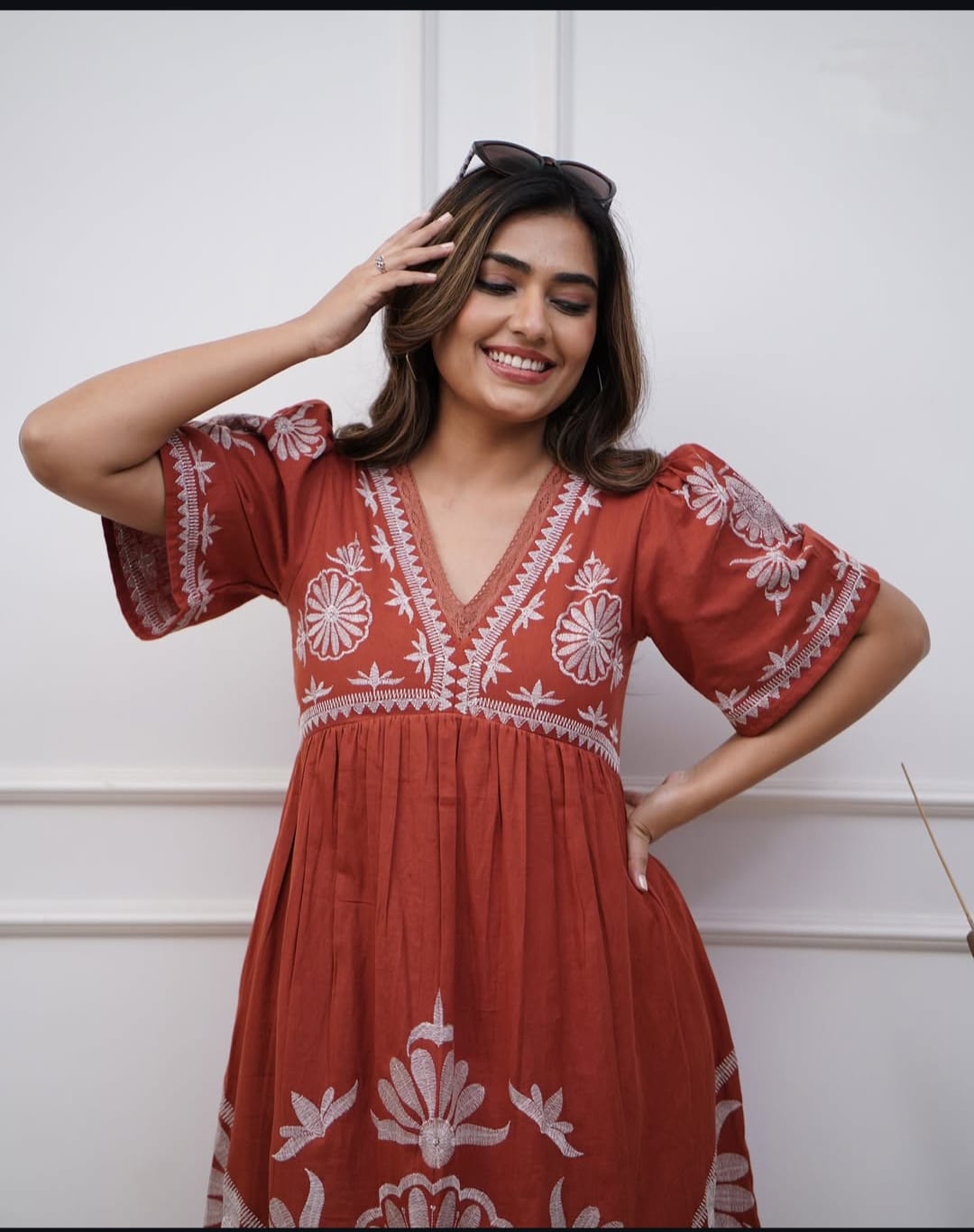 Beautiful Embroidered Cotton Midi Dress in Rust Colour