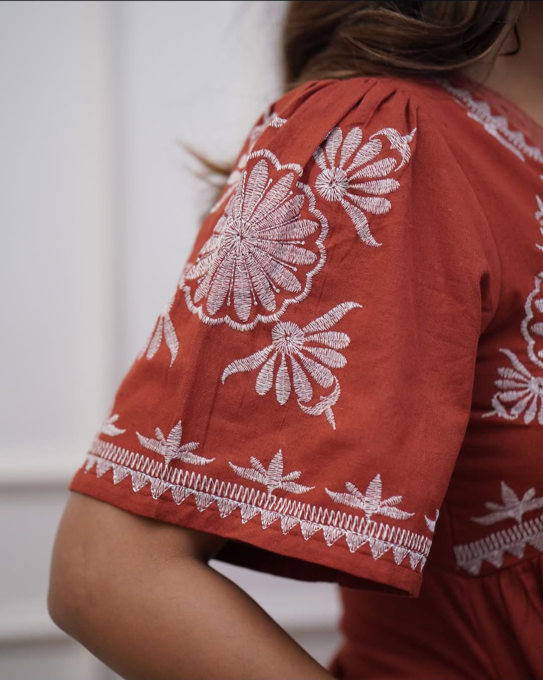 Beautiful Embroidered Cotton Midi Dress in Rust Colour