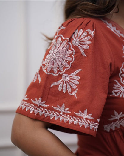 Beautiful Embroidered Cotton Midi Dress in Rust Colour
