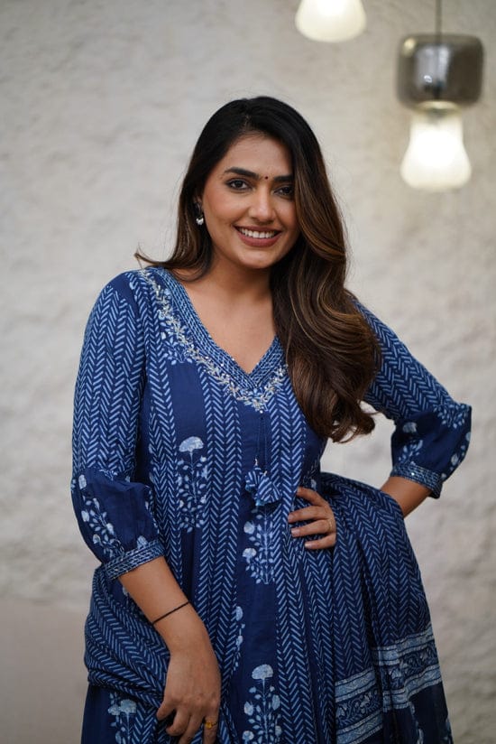 Beautiful Indigo Block Printed Cotton Anarkali Suit