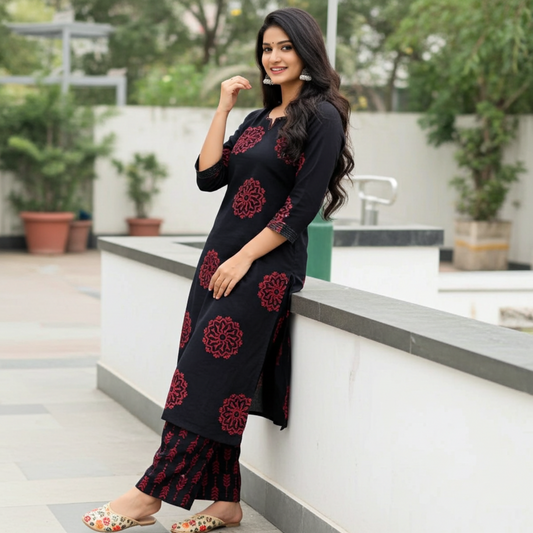 Beautiful Pure Cotton Block Print Dupatta Set in Black