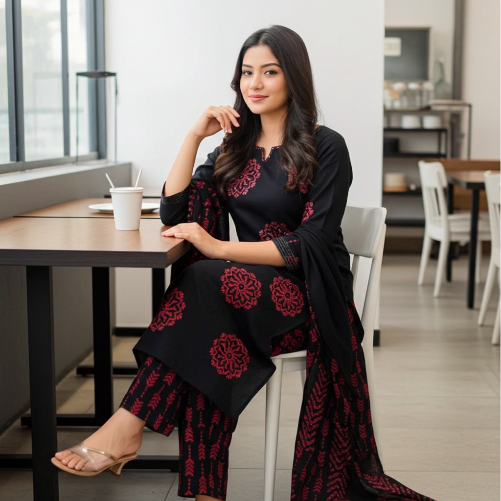Beautiful Pure Cotton Block Print Dupatta Set in Black