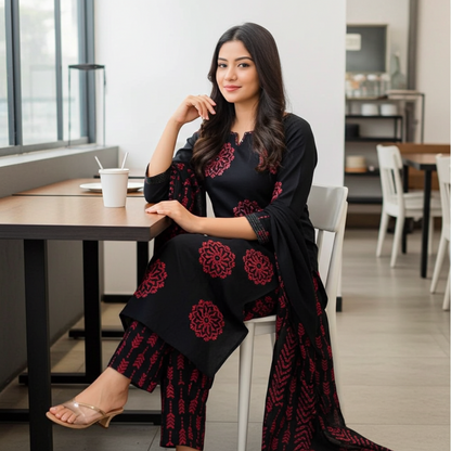 Beautiful Pure Cotton Block Print Dupatta Set in Black