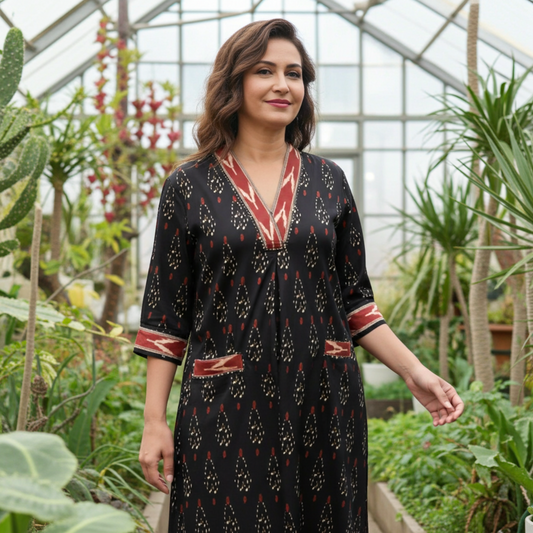Elegant Ikat Print Kurti Set in Black