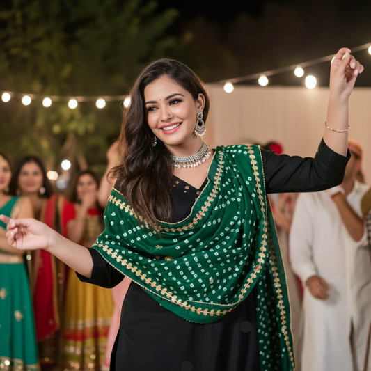 Elegant Mirror Work  Cotton Flex Kurti Pant Set in Black Paired With Green Silk Bandhani Dupatta