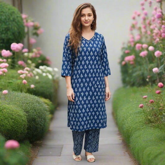 Beautiful Navy Blue Hand Block Print Kurta Set