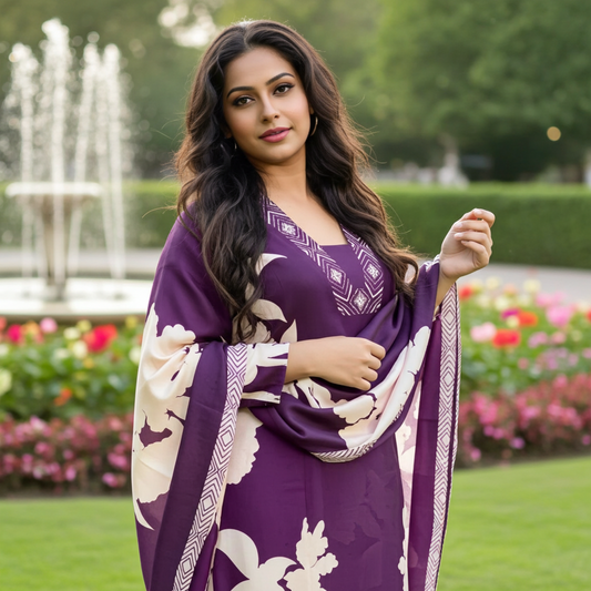 Elegant Purple Floral Printed Sequined Kurta Set