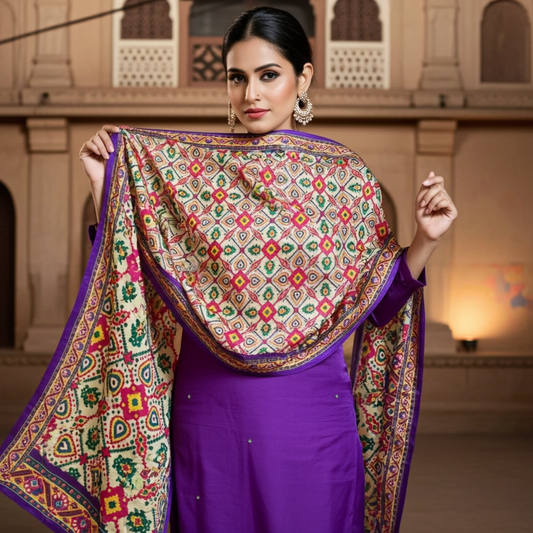 Stunning Purple Russian Silk Straight Suit along with Gajji Silk Dupatta