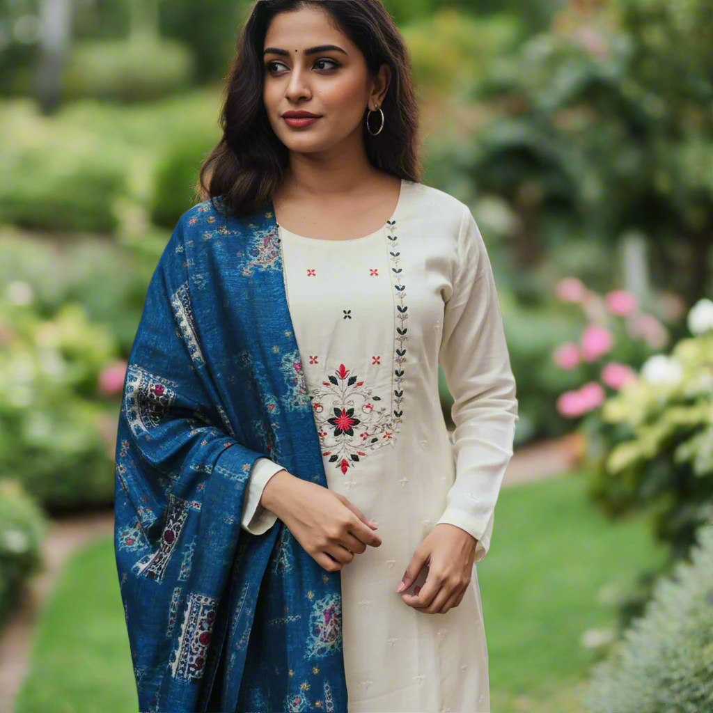 Exquisite Off White Embroidered Silk Blend Kurta Pant and  Rich Blue Dupatta