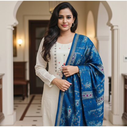 Exquisite Off White Embroidered Silk Blend Kurta Pant and  Rich Blue Dupatta