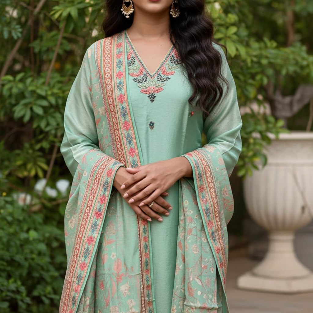Sea Green Party Wear Simar Suit With Digital Print Dupatta