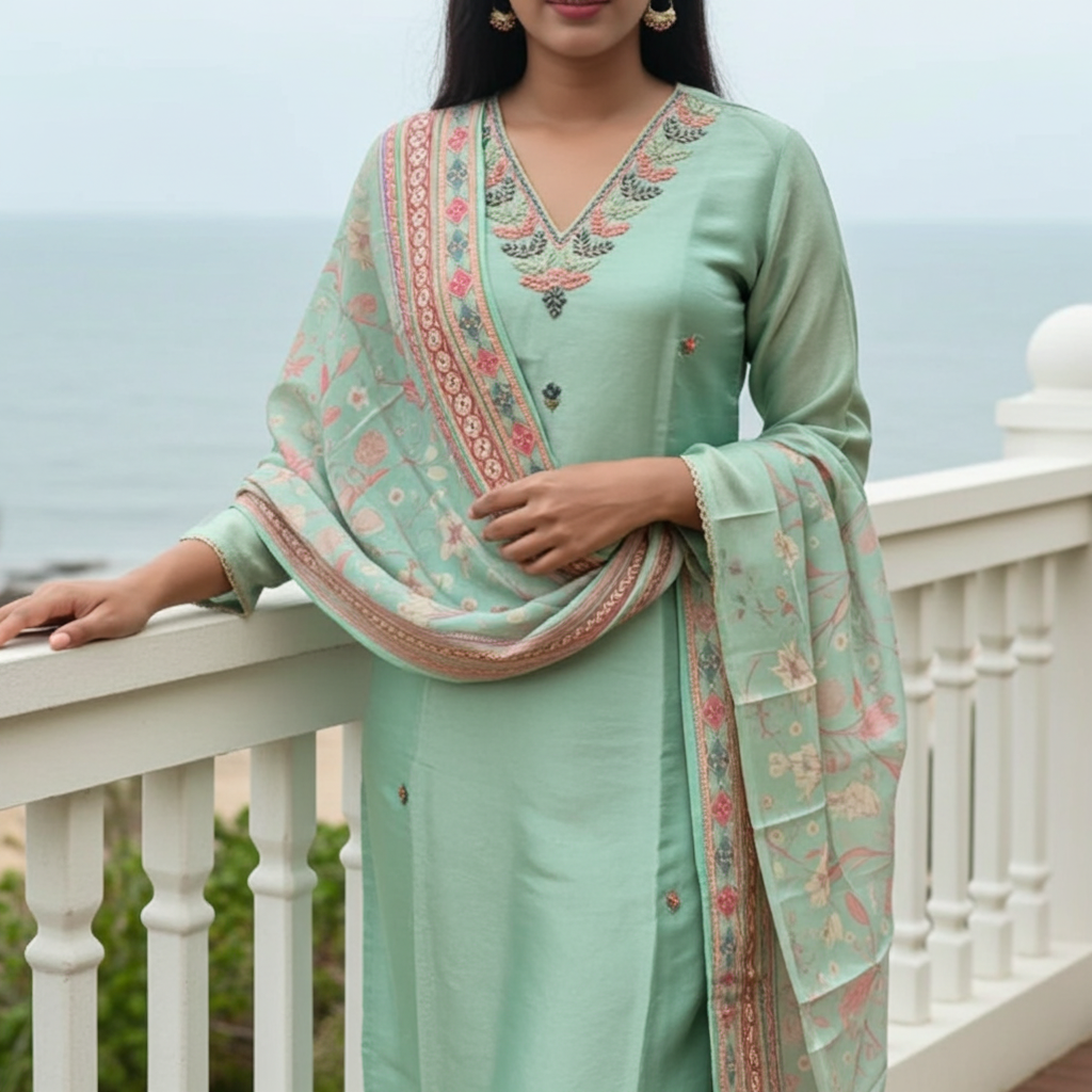 Sea Green Party Wear Simar Suit With Digital Print Dupatta