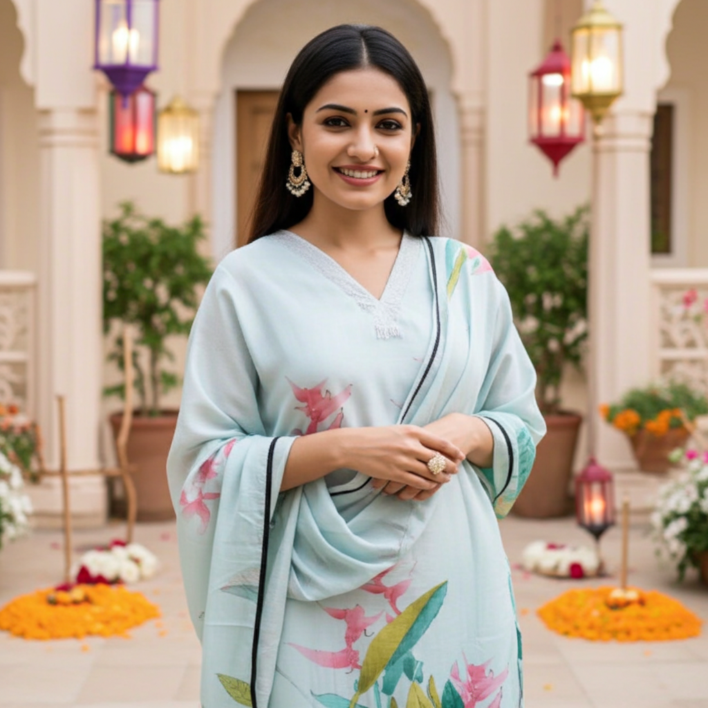Premium Muslin, Tropical Print, Mint Color Suit With Dupatta