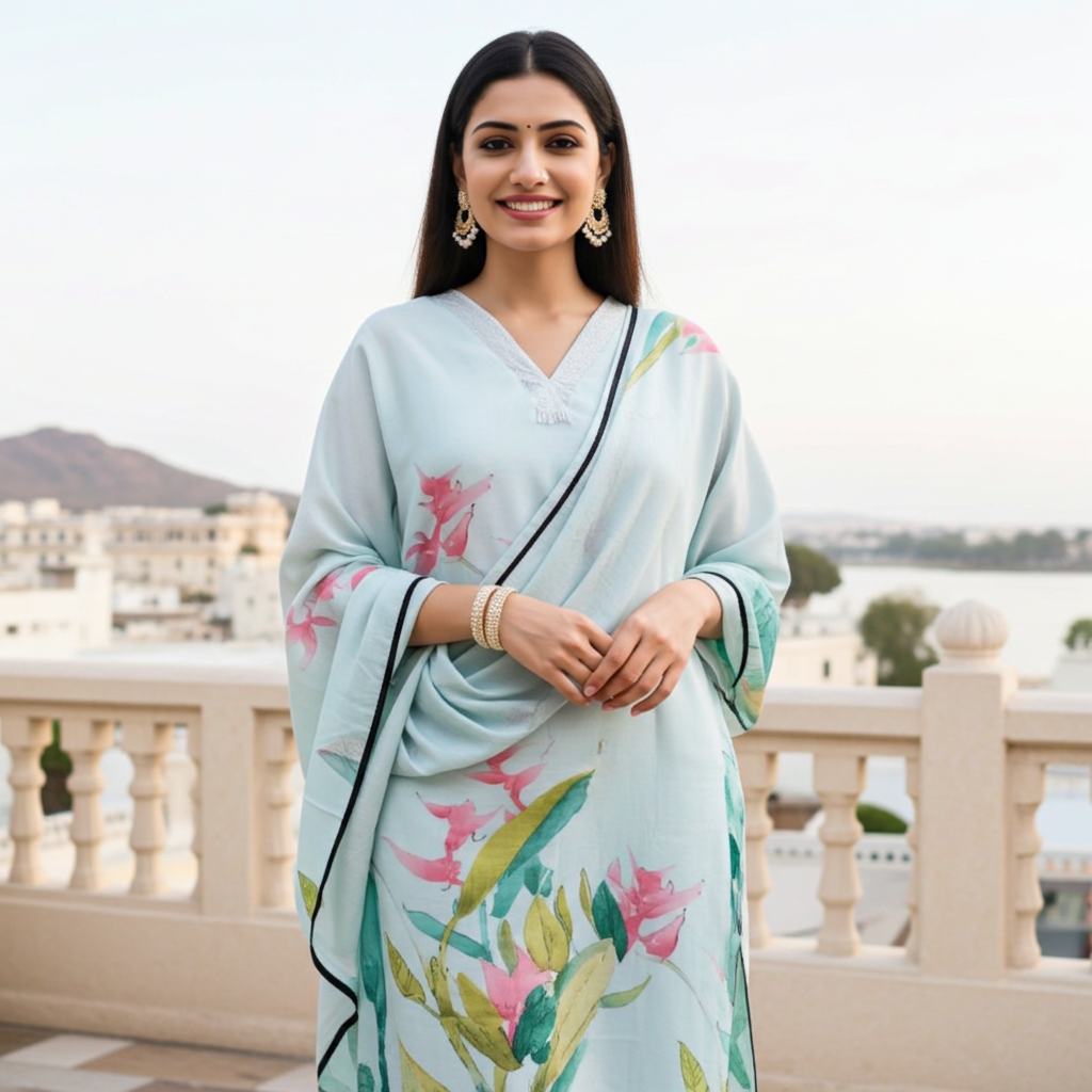 Premium Muslin, Tropical Print, Mint Color Suit With Dupatta