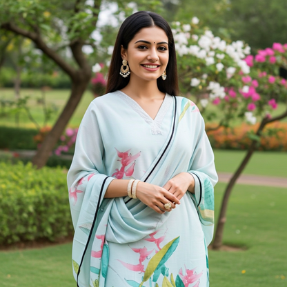 Premium Muslin, Tropical Print, Mint Color Suit With Dupatta
