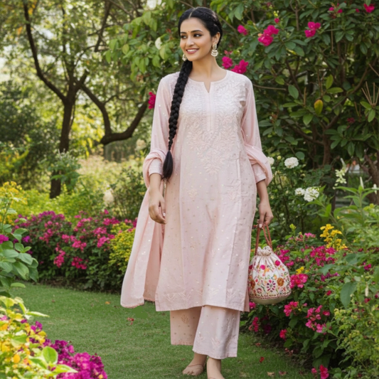 Pure Banarsi Chanderi Kurti with Parallel Pants And Matching Chiffon Dupatta