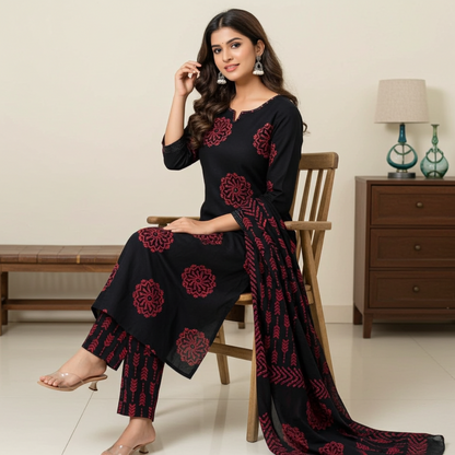 Beautiful Pure Cotton Block Print Dupatta Set in Black