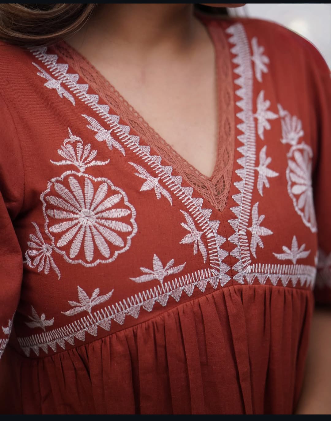 Beautiful Embroidered Cotton Midi Dress in Rust Colour