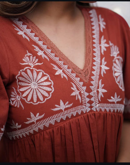 Beautiful Embroidered Cotton Midi Dress in Rust Colour
