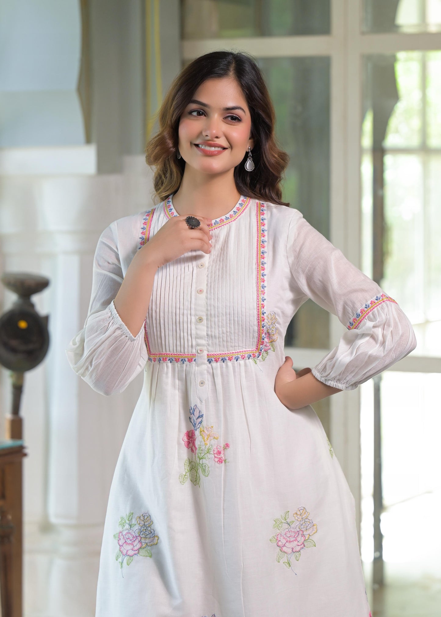 Elegant Mul Cotton A-Line Kurta Set in White