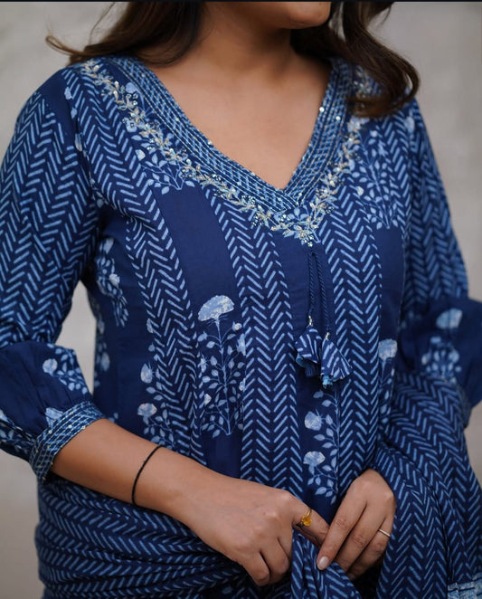 Beautiful Indigo Block Printed Cotton Anarkali Suit