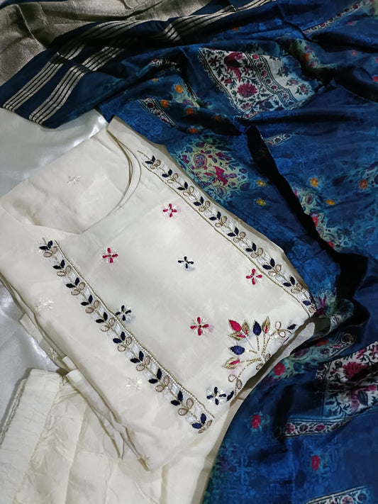 Exquisite Off White Embroidered Silk Blend Kurta Pant and  Rich Blue Dupatta