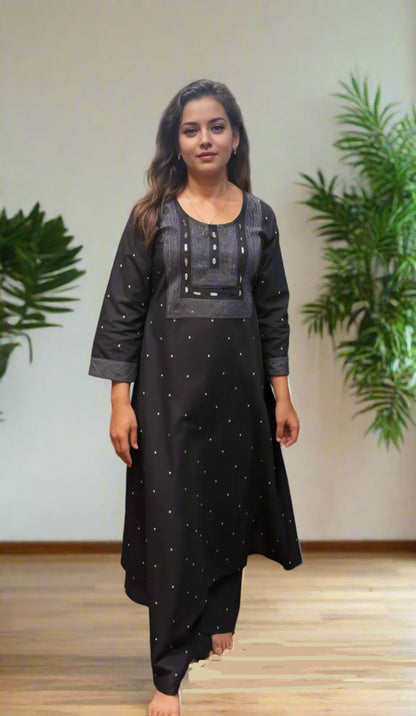 Elegant Black A-Line Kurta- Palazzo Set With White Handloom Thread Embroidery And Mirror Work.