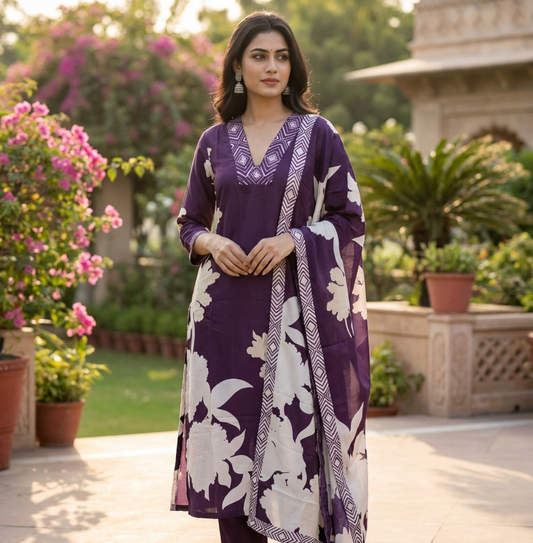 Elegant Purple Floral Printed Sequined Kurta Set