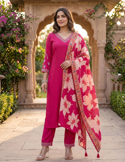 Elegant Floral Embroidered Thread Work Kurta Set With Muslin Silk Dupatta