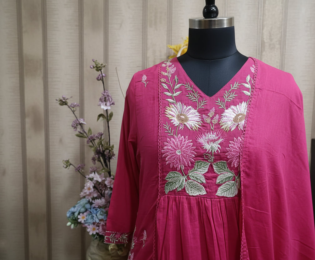 Pink Floral Embroidered Anarkali Kurta Set