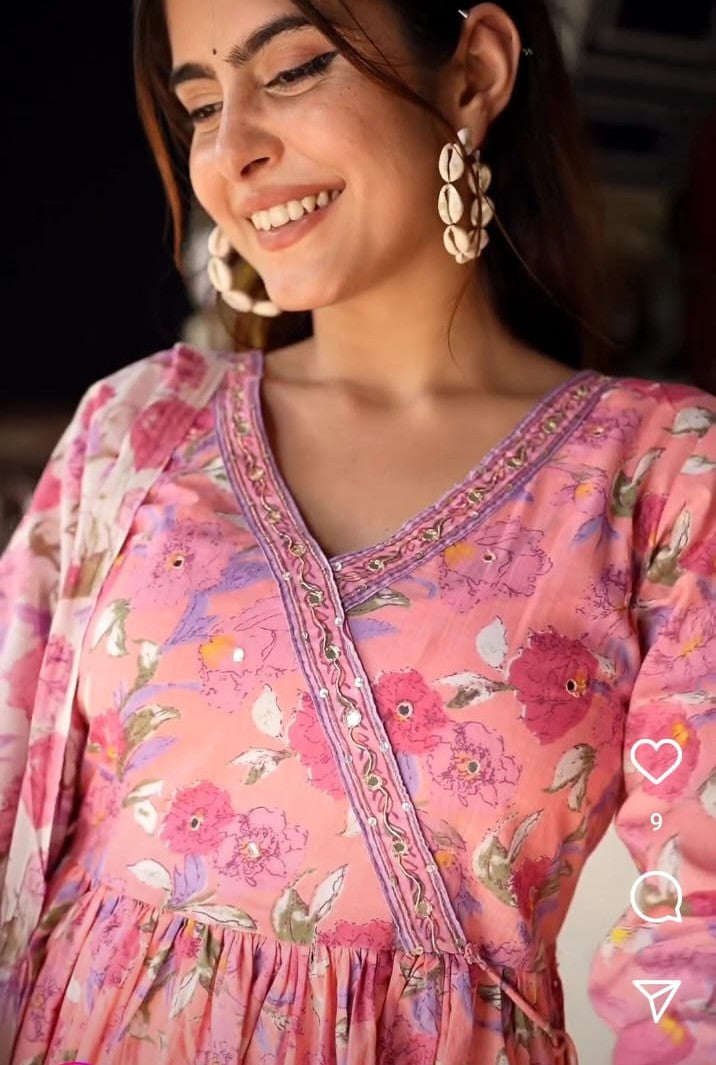 Pink Long Floral Angrakha Anarkali Suit