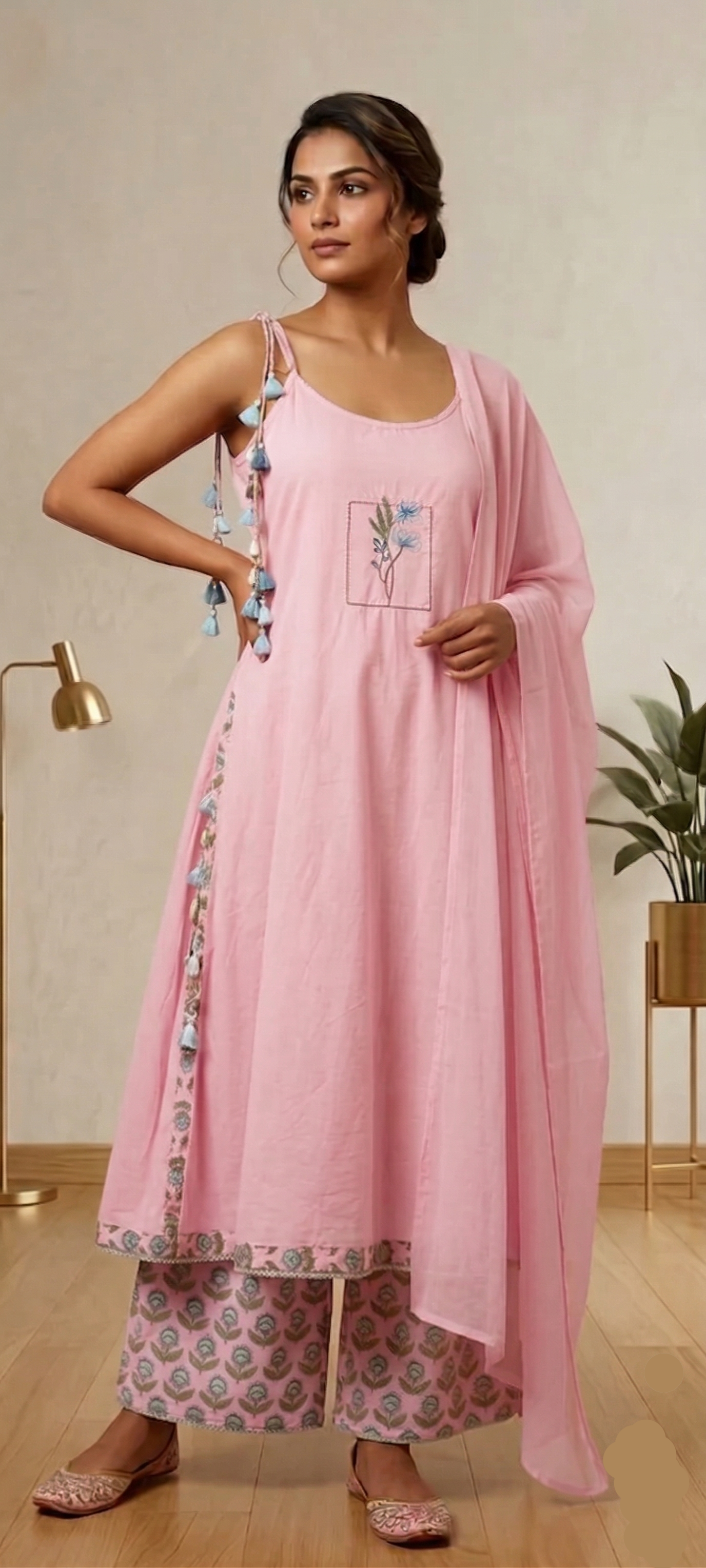 Beautiful Sleeveless Embroidered Suit Set with Tassel Detailing In Blush Pink