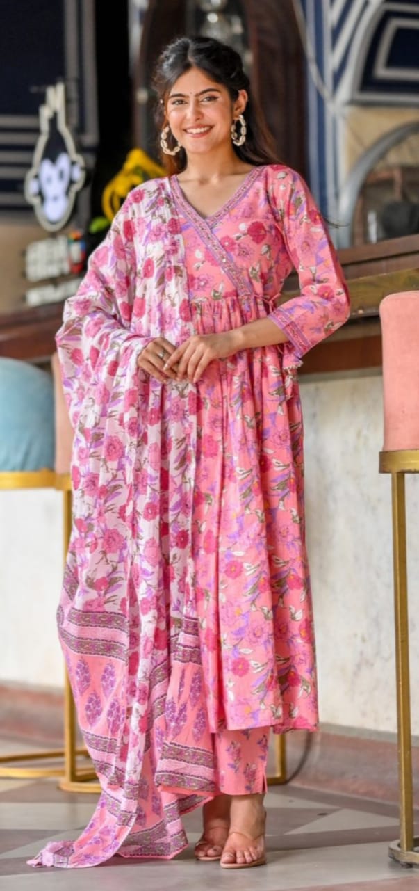 Pink Long Floral Angrakha Anarkali Suit