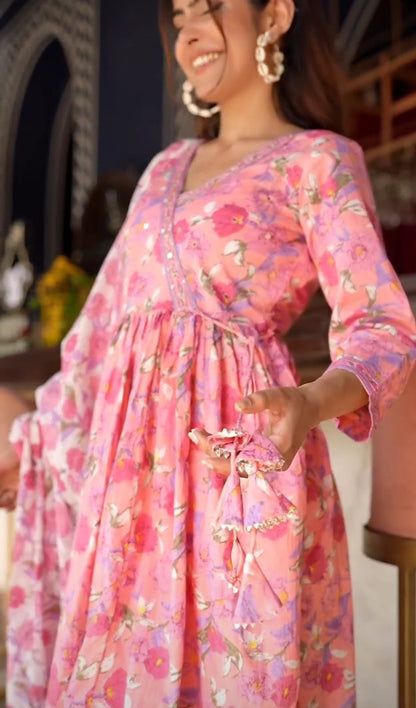 Pink Long Floral Angrakha Anarkali Suit