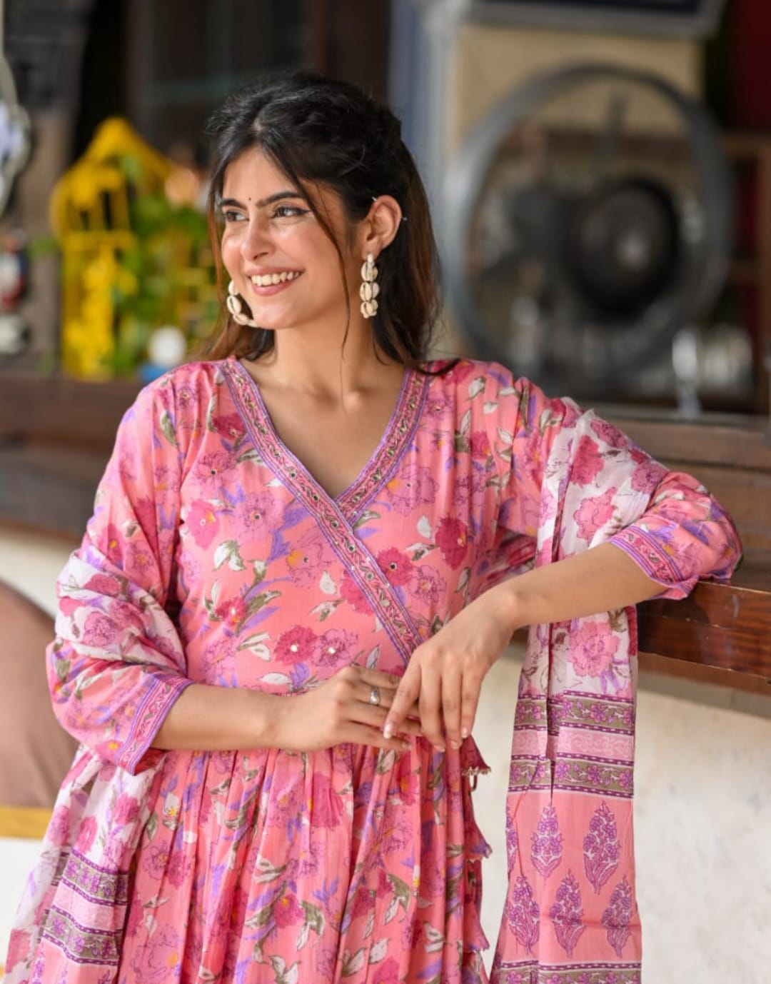 Pink Long Floral Angrakha Anarkali Suit