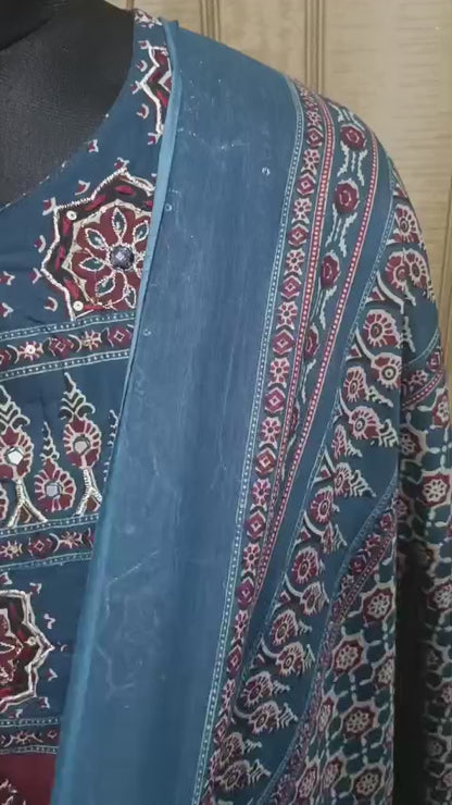 Premium Cotton Ajrakh Kurti Set With Hand Work Highlights.