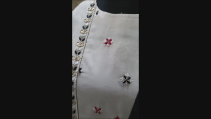 Exquisite Off White Embroidered Silk Blend Kurta Pant and  Rich Blue Dupatta