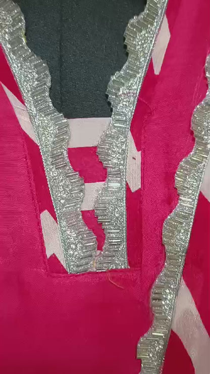 Stunning Pink Abstract Print Russian Silk Suit Set With Sequence Lace Work