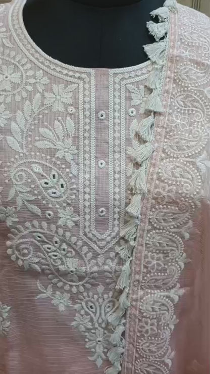 Peach Blossom Chikankari-Inspired Kota Doria Straight Kurta Set with Dupatta