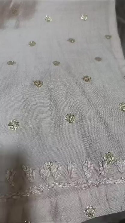 Pure Banarsi Chanderi Kurti with Parallel Pants And Matching Chiffon Dupatta