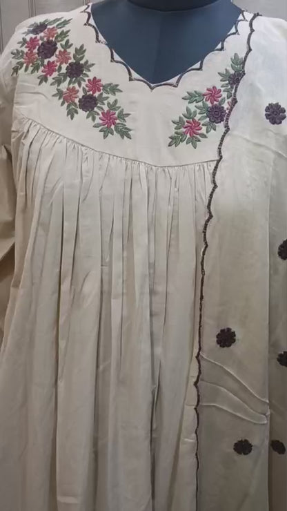 Premium Mul Cotton Beige Anarkali Suit Set With Full Lining
