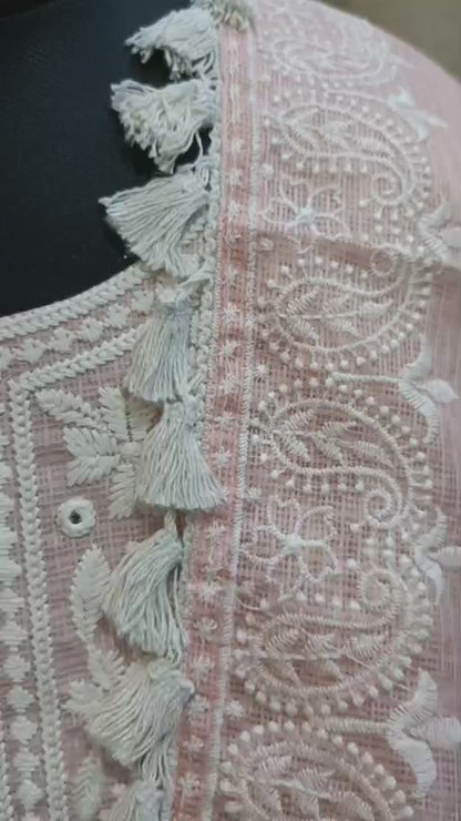 Peach Blossom Chikankari-Inspired Kota Doria Straight Kurta Set with Dupatta
