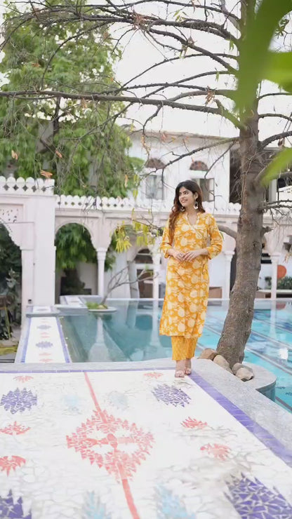 Trendy yellow Floral Angarakha Kurta and Pant Set.