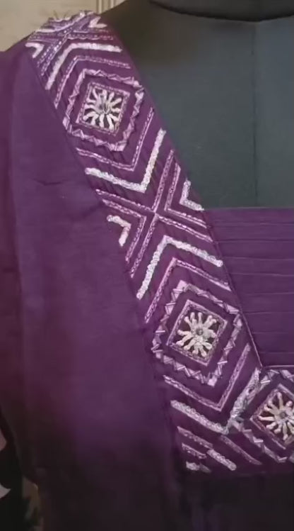 Elegant Purple Floral Printed Sequined Kurta Set