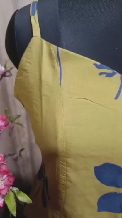 Elegant Mustard & Indigo Block-Print Sleeveless Tunic