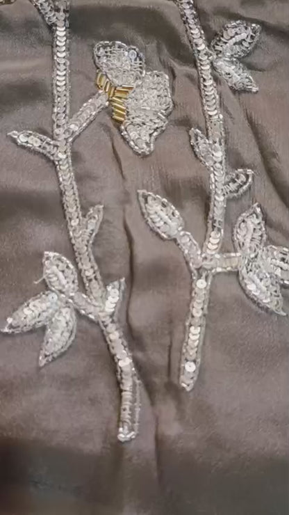 Elegant Sequin Embroidered Co-ord Set in Premium Chinon Silk (Wood Brown)