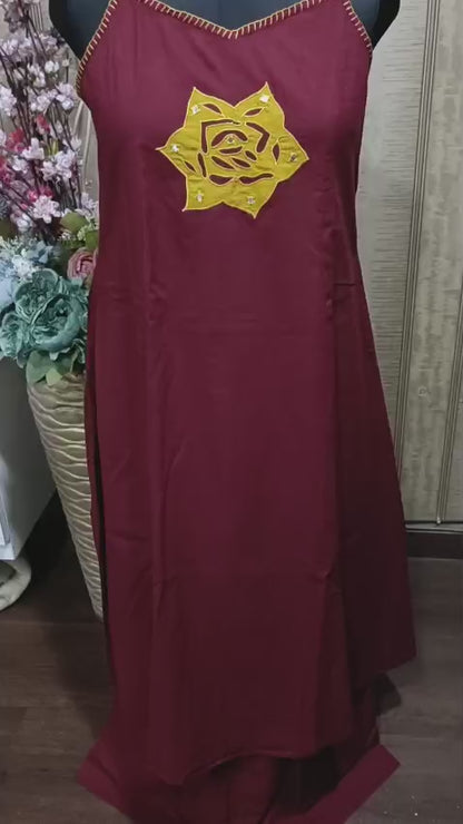 Elegant Dark Maroon A-line Cotton Spaghetti Kurti Set.