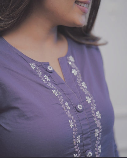 Beautiful Lavender Embroidered Cotton A Line Kurti Pant Set